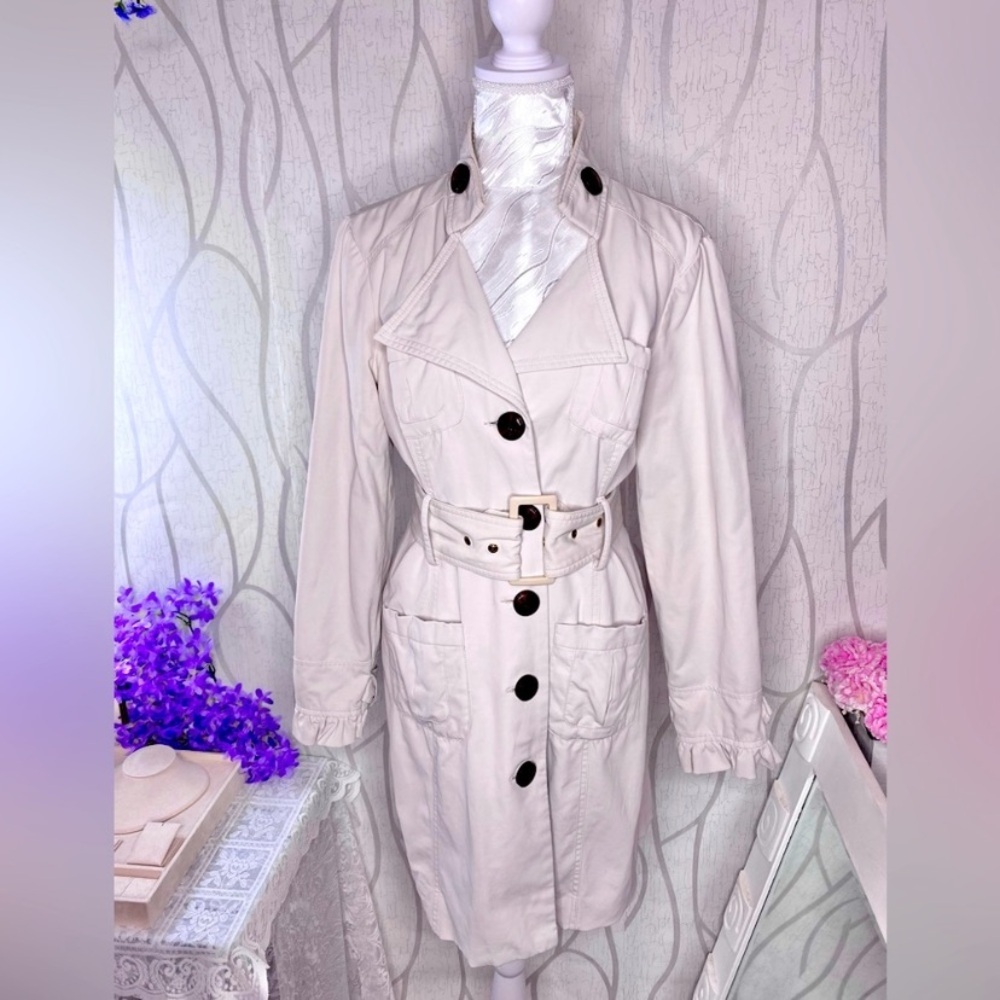 🌷 Sugarfly 🌷 Cream White Ruffle Trim Trench Coat w/ Belt